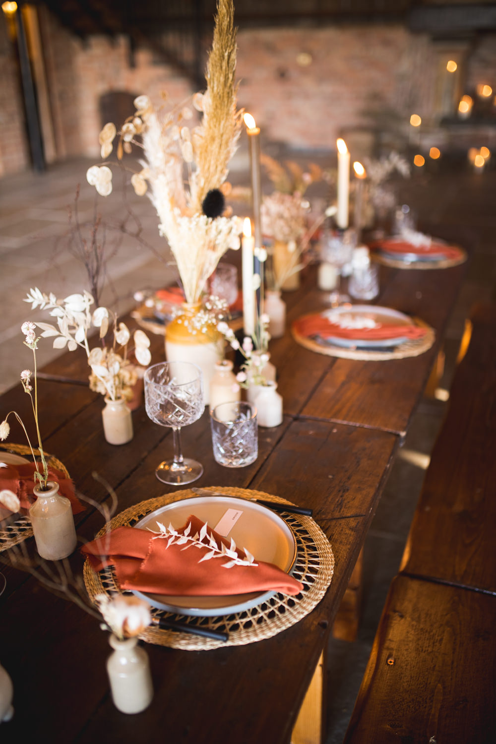 Table Decor Decorations Vases Flowers Candles Earthenware Ceramic Terracotta Napkins Dried Flower Wedding Ideas Dan Lambourne Photography