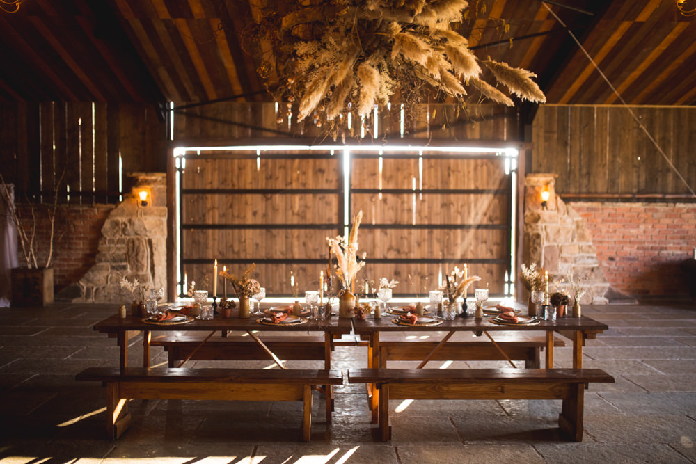 Barn Flower Installation Pampas Grass Wheat Hanging Suspended Dried Flower Wedding Ideas Dan Lambourne Photography