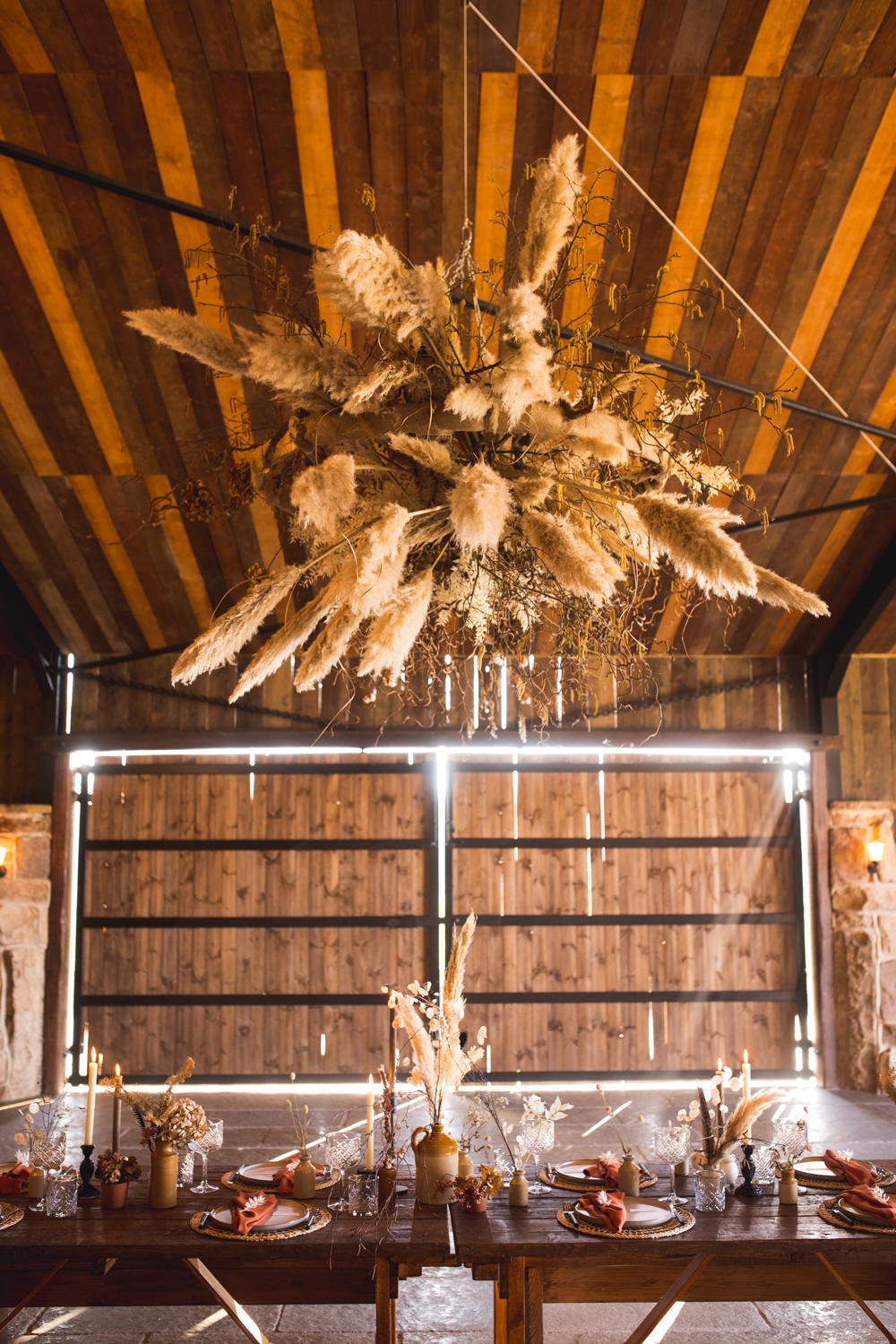 Barn Flower Installation Pampas Grass Wheat Hanging Suspended Dried Flower Wedding Ideas Dan Lambourne Photography