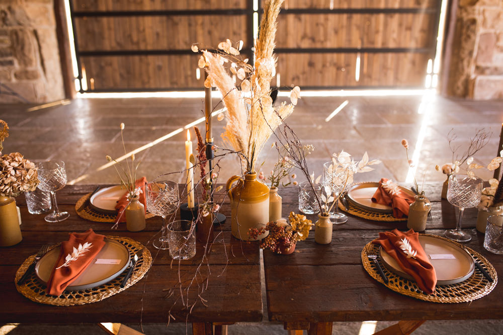 Table Decor Decorations Vases Flowers Candles Earthenware Ceramic Terracotta Napkins Dried Flower Wedding Ideas Dan Lambourne Photography