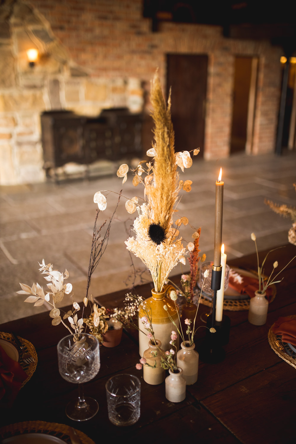 Table Decor Decorations Vases Flowers Candles Earthenware Ceramic Terracotta Napkins Pampas Grass Dried Flower Wedding Ideas Dan Lambourne Photography
