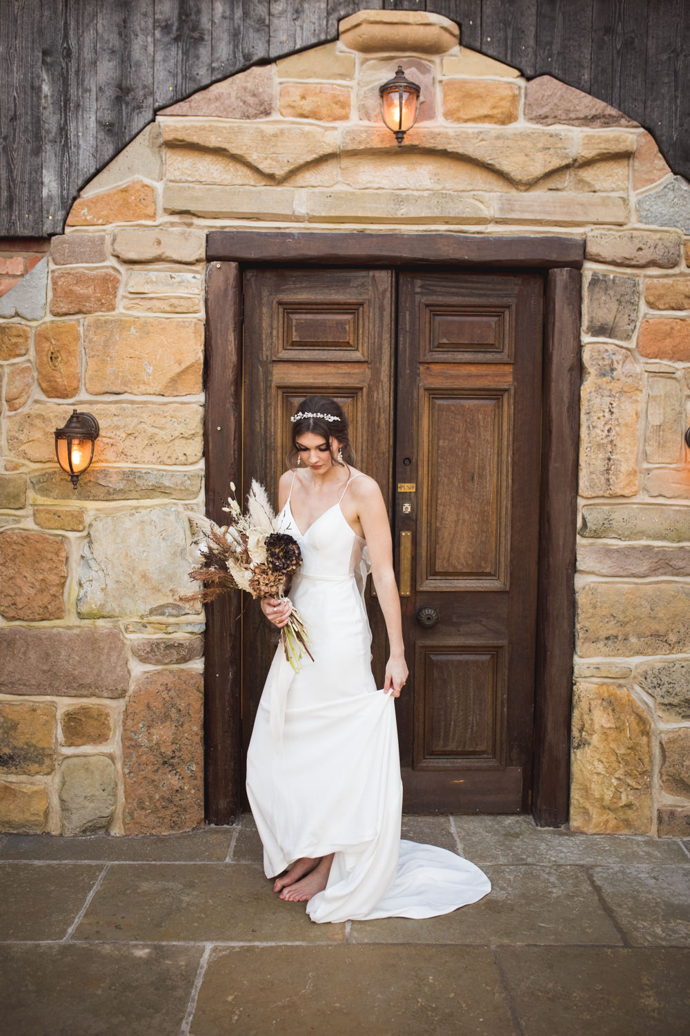 Dress Gown Bride Brdal Oui The Label Bow Back Straps Dried Flower Wedding Ideas Dan Lambourne Photography