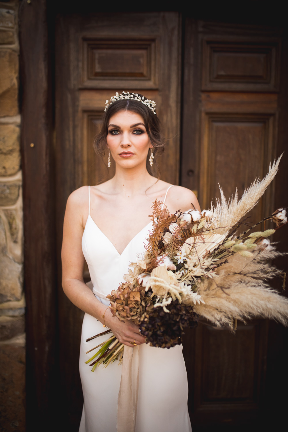 Bride Bridal Bouquet Flowers Pampas Grass Wheat Feather Dried Flower Wedding Ideas Dan Lambourne Photography