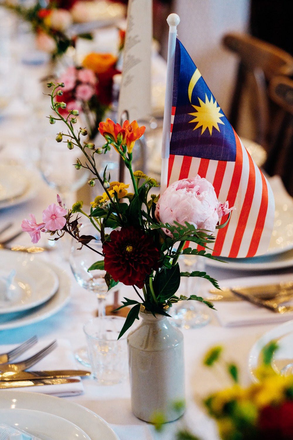Table Flowers Centrepiece Decor Bottle Vases Flag East London Wedding Marianne Chua Photography