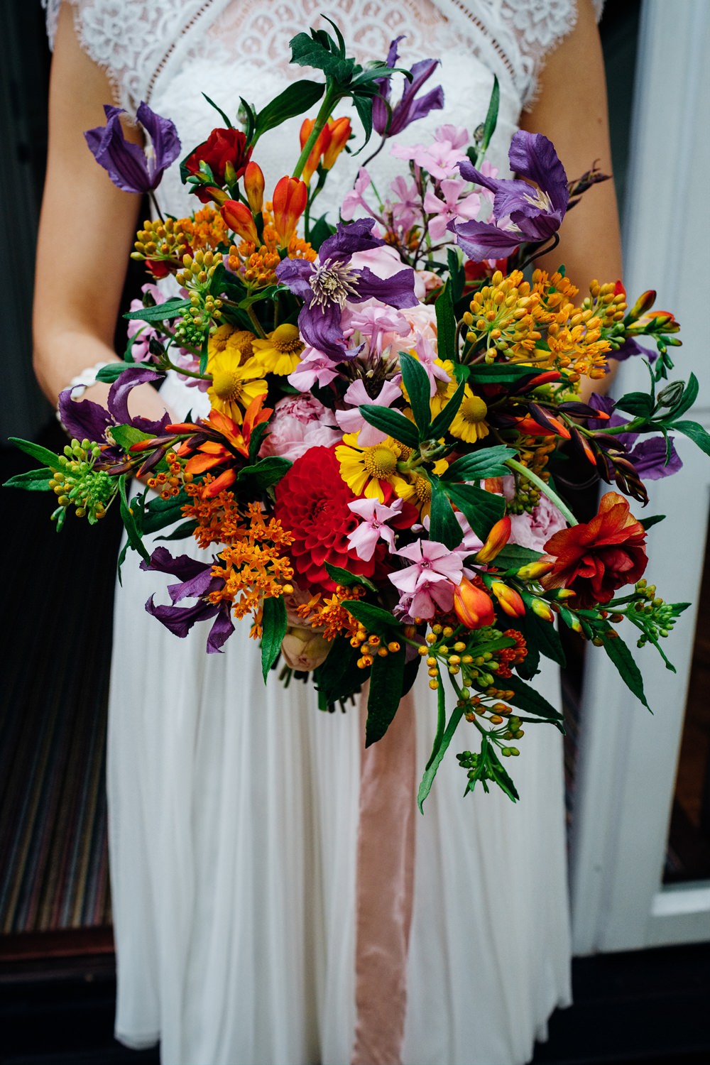 Bouquet Flowers Bride Bridal Colourful Seasonal Ribbons East London Wedding Marianne Chua Photography