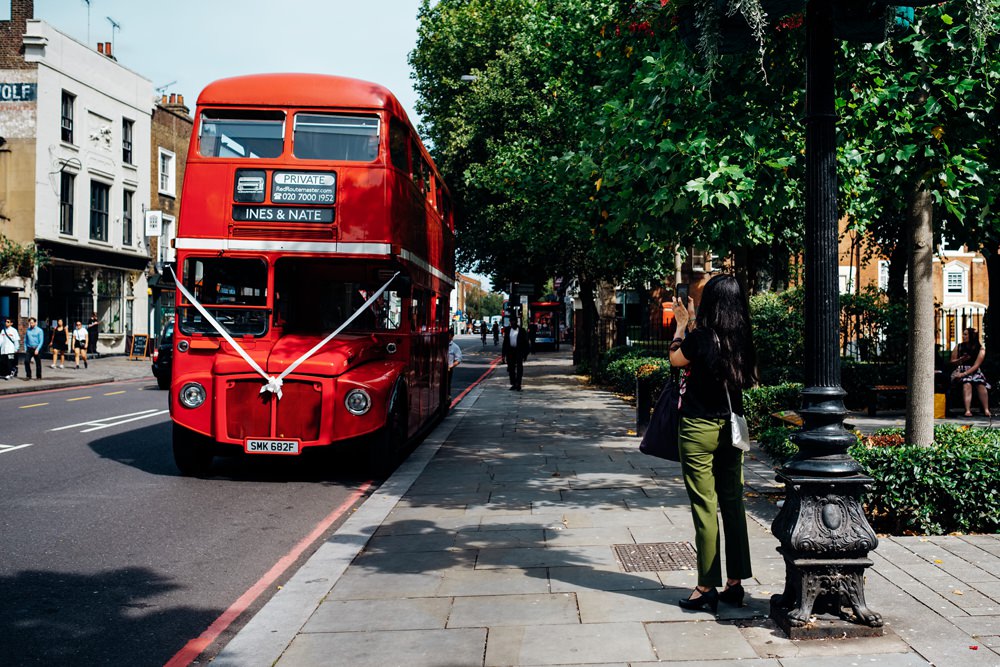 Red London Bus Double Decker Transport East London Wedding Marianne Chua Photography