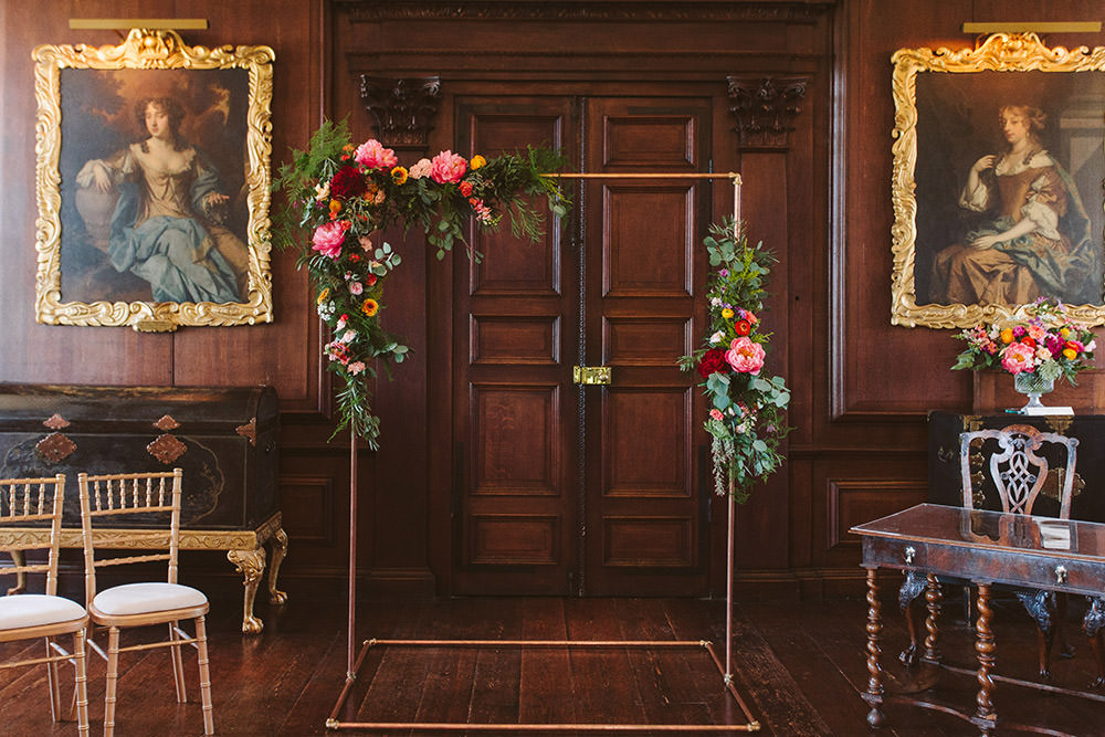 Metal Flower Arch Backdrop Ceremony Aisle Glynde Place Wedding Sarah London Photography