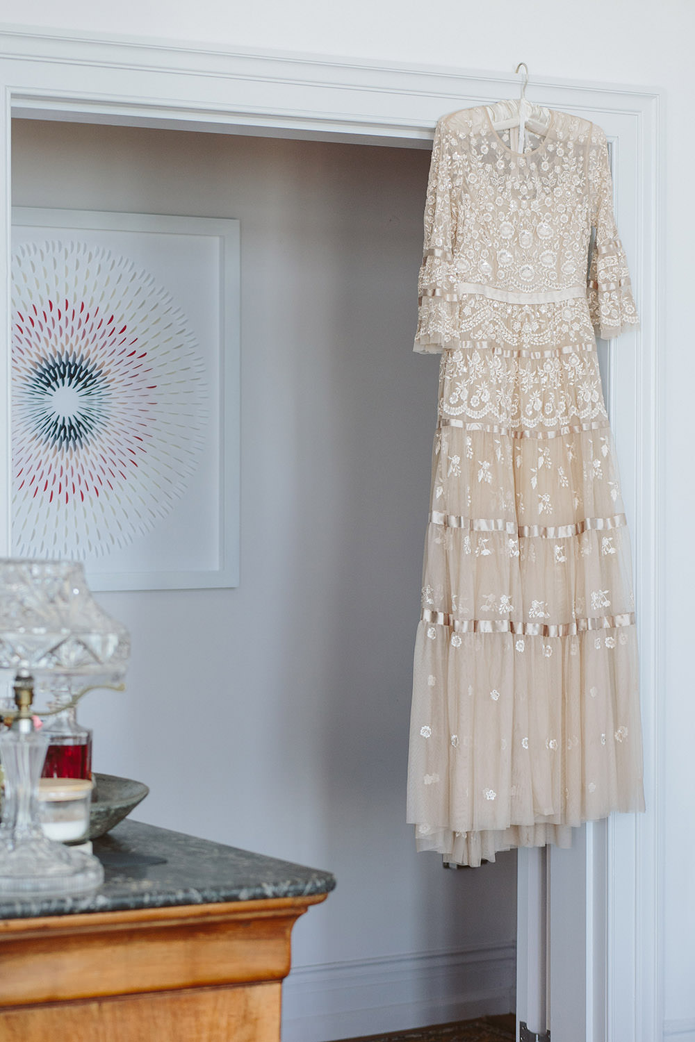 Dress Gown Bride Bridal Needle and Thread Lace Tier Long Sleeves Glynde Place Wedding Sarah London Photography