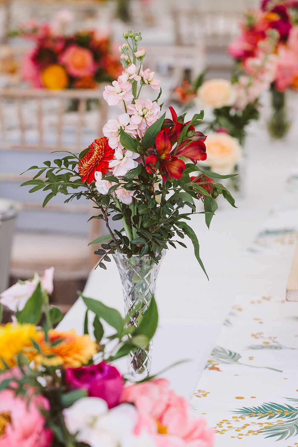 Long Table Decor Colourful Flowers Vases Glynde Place Wedding Sarah London Photography