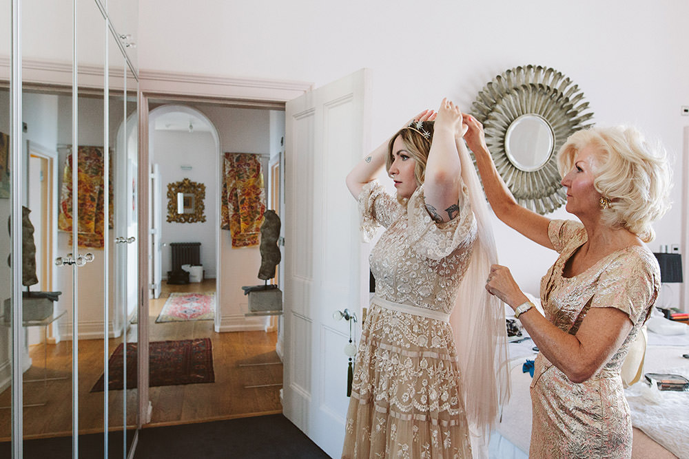 Dress Gown Bride Bridal Needle and Thread Lace Tier Long Sleeves Veil Glynde Place Wedding Sarah London Photography