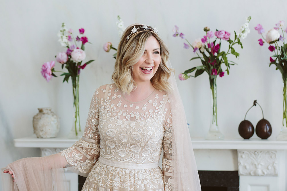 Dress Gown Bride Bridal Needle and Thread Lace Tier Long Sleeves Veil Glynde Place Wedding Sarah London Photography