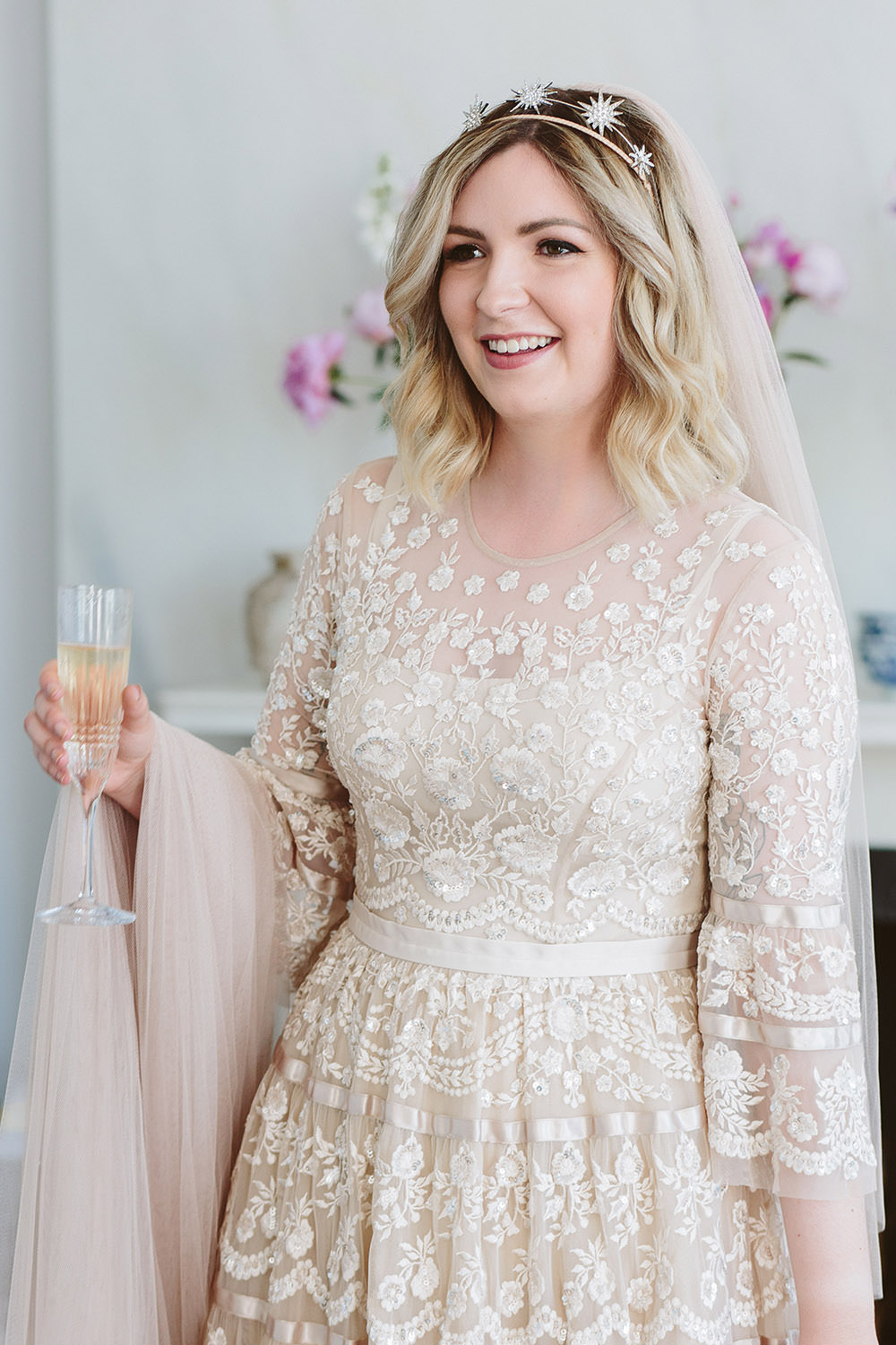 Dress Gown Bride Bridal Needle and Thread Lace Tier Long Sleeves Veil Crown Glynde Place Wedding Sarah London Photography
