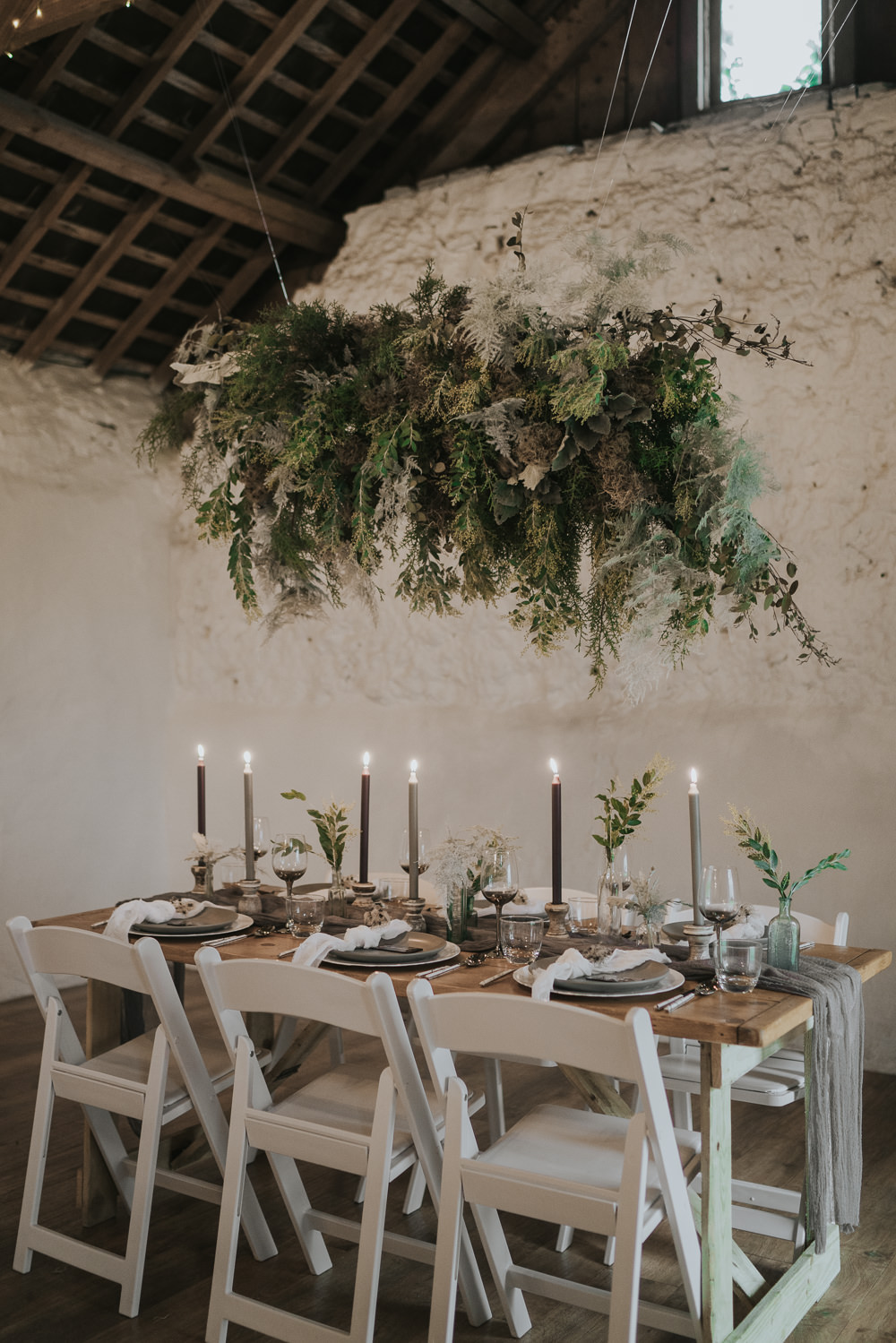 Suspended Flowers Installation Hanging Cloud Greenery Foliage Table Tablescape Grey Wedding Ideas Grace Elizabeth