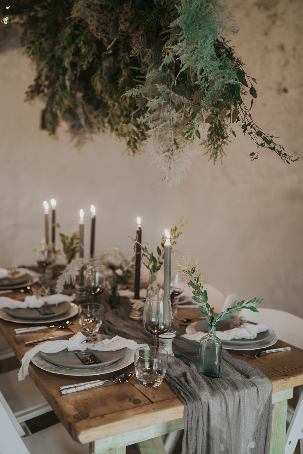 Table Tablescape Decor Table Runners Silk Candles Greenery Foliage Bottles Grey Wedding Ideas Grace Elizabeth