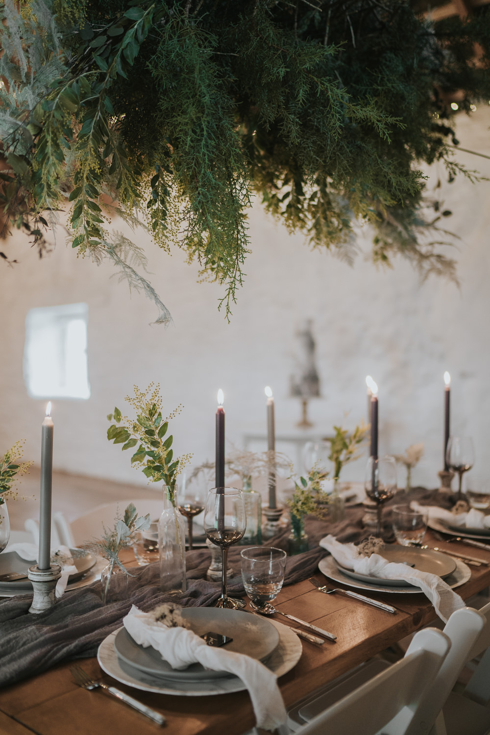 Table Tablescape Decor Table Runners Silk Candles Greenery Foliage Bottles Grey Wedding Ideas Grace Elizabeth