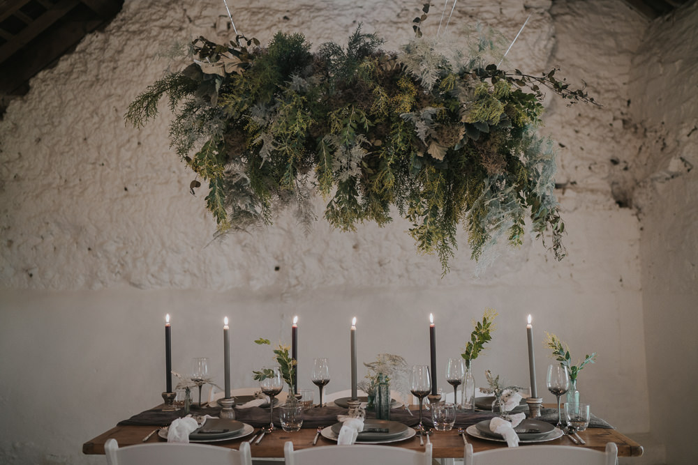 Suspended Flowers Installation Hanging Cloud Greenery Foliage Table Tablescape Grey Wedding Ideas Grace Elizabeth