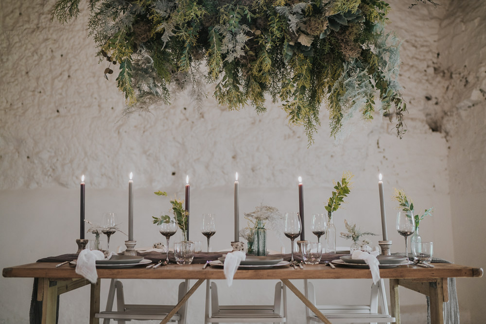 Suspended Flowers Installation Hanging Cloud Greenery Foliage Table Tablescape Grey Wedding Ideas Grace Elizabeth
