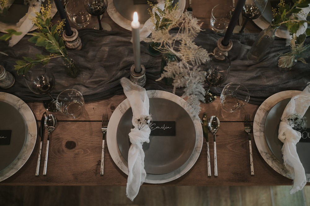 Table Tablescape Decor Table Runners Silk Candles Greenery Foliage Bottles Grey Wedding Ideas Grace Elizabeth