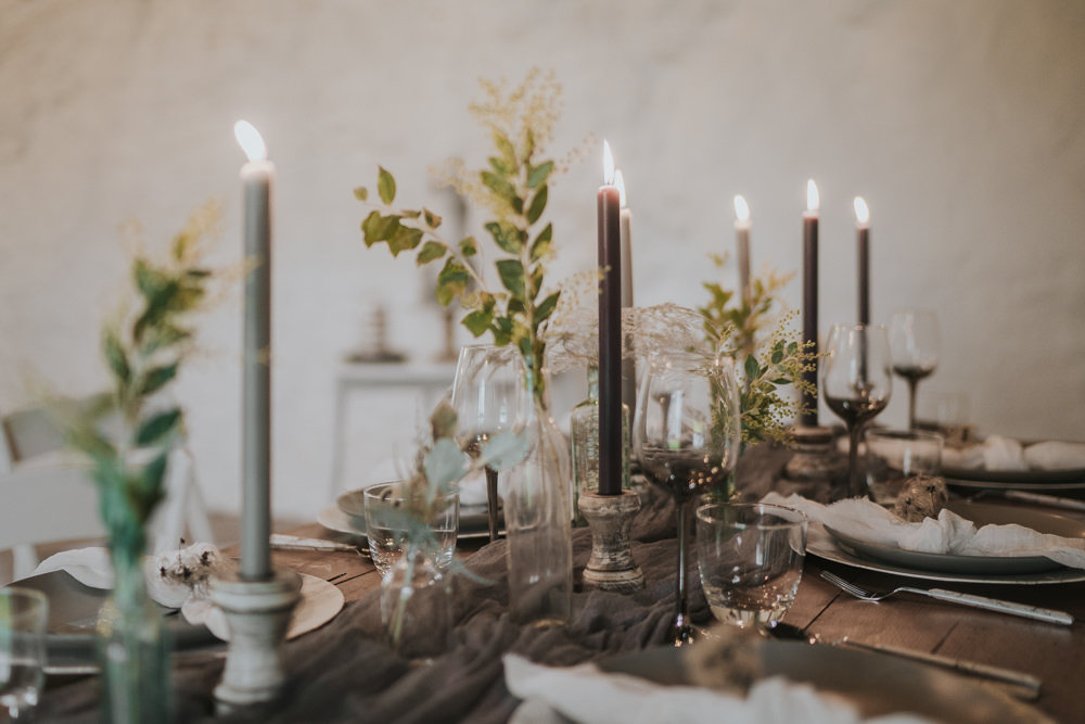 Table Tablescape Decor Table Runners Silk Candles Greenery Foliage Bottles Grey Wedding Ideas Grace Elizabeth
