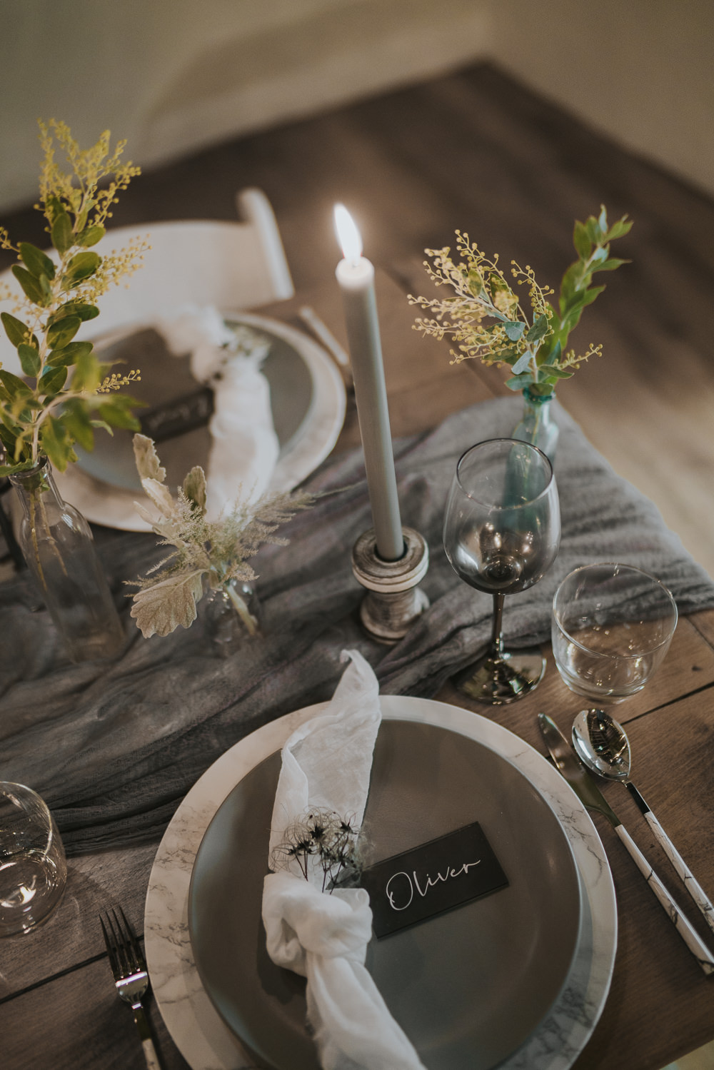 Table Tablescape Decor Table Runners Silk Candles Greenery Foliage Bottles Grey Wedding Ideas Grace Elizabeth