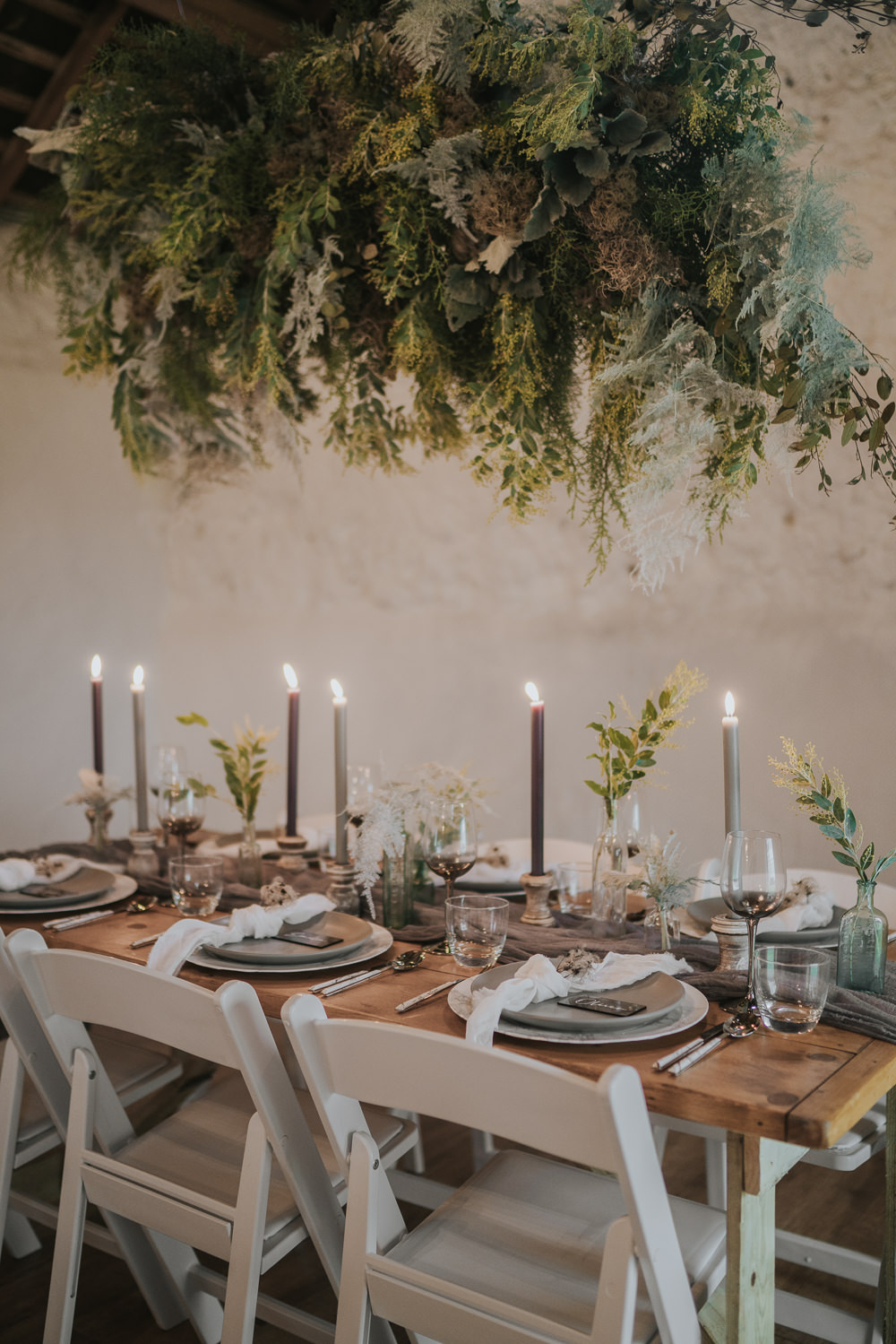 Table Tablescape Decor Table Runners Silk Candles Greenery Foliage Bottles Grey Wedding Ideas Grace Elizabeth