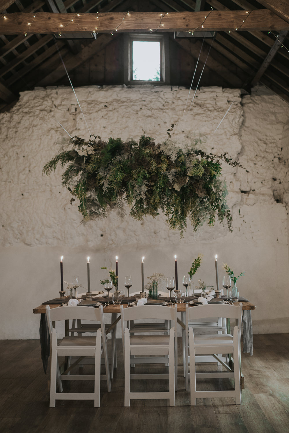 Suspended Flowers Installation Hanging Cloud Greenery Foliage Tablescape Grey Wedding Ideas Grace Elizabeth