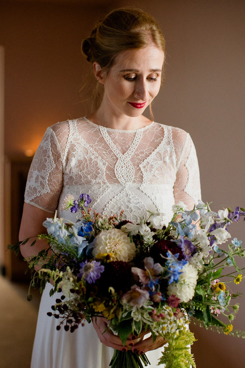 Dress Gown Bride Bridal Sleeves Valentina Grace Loves Lace Bouquet Flowers Bride Bridal Dahlia Daisy Holford Estate Wedding Voyteck Photography
