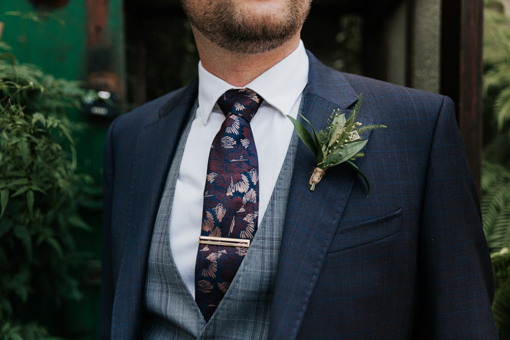 Groom Suit Blue Check Waistcoat Tie Buttonhole Flowers City Wedding Kate Gray Photography