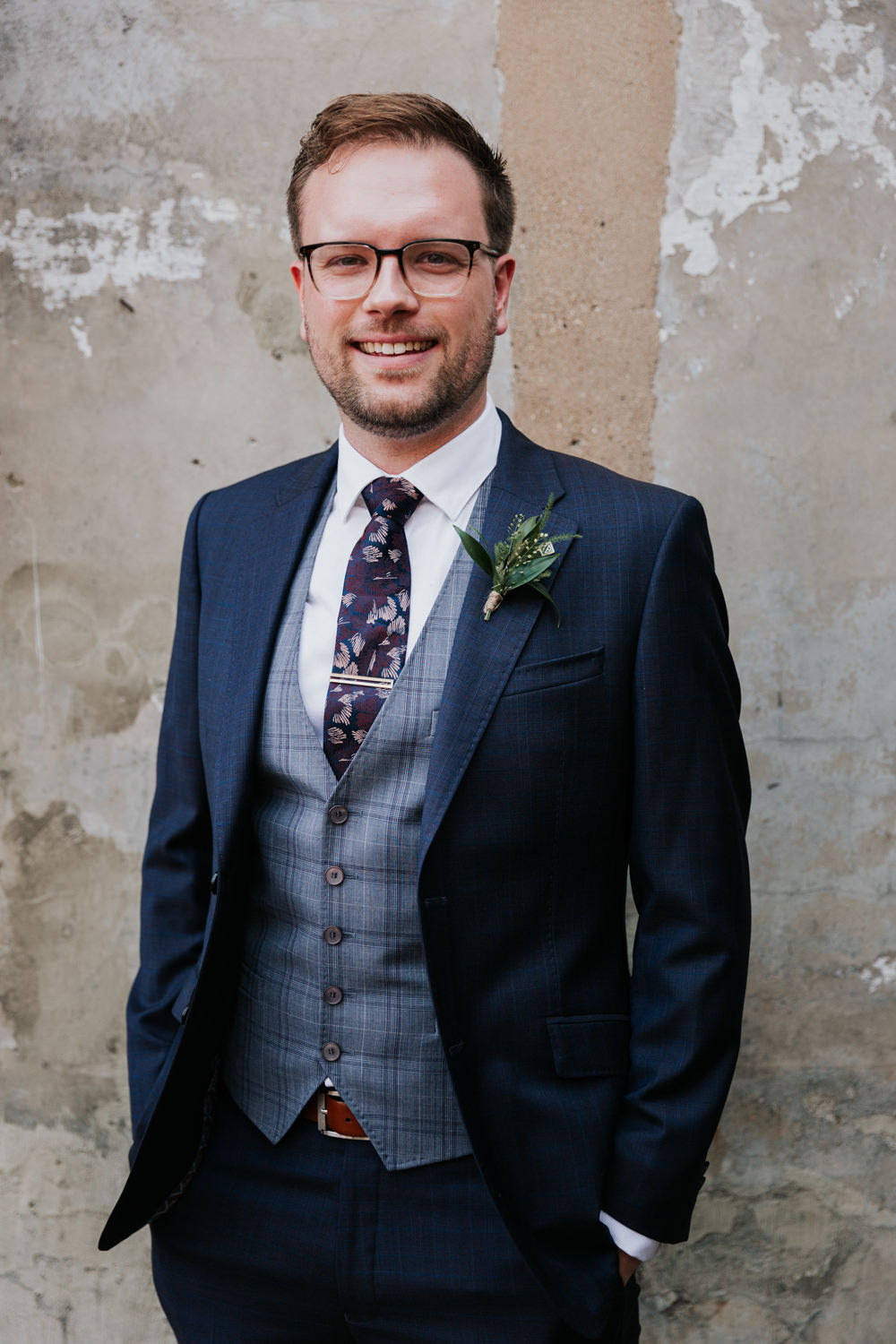 Groom Suit Blue Check Waistcoat Tie Buttonhole Flowers Glasses Indie City Wedding Kate Gray Photography