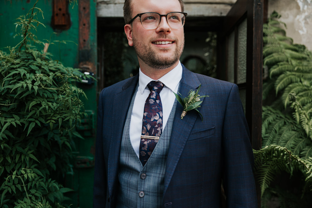 Groom Suit Blue Check Waistcoat Tie Buttonhole Flowers Glasses Indie City Wedding Kate Gray Photography