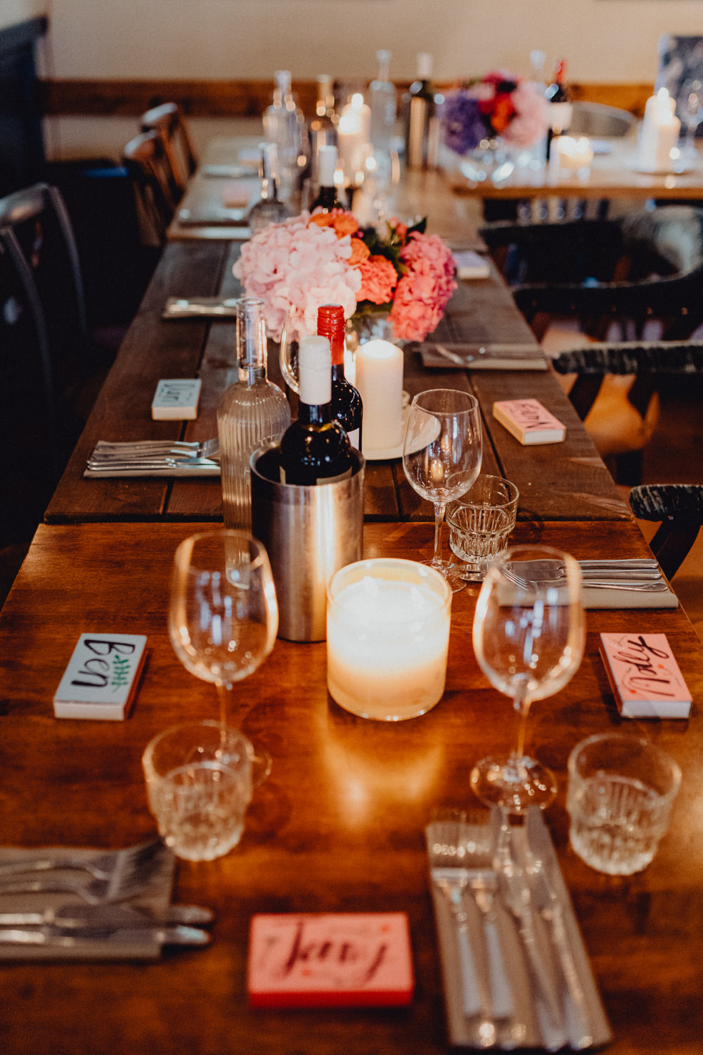 Table Decor Flowers Candles Wooden Intimate Pub Wedding Heather Sham Photography