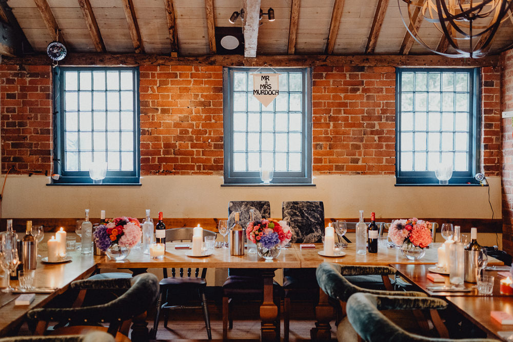 Table Decor Flowers Candles Wooden Intimate Pub Wedding Heather Sham Photography