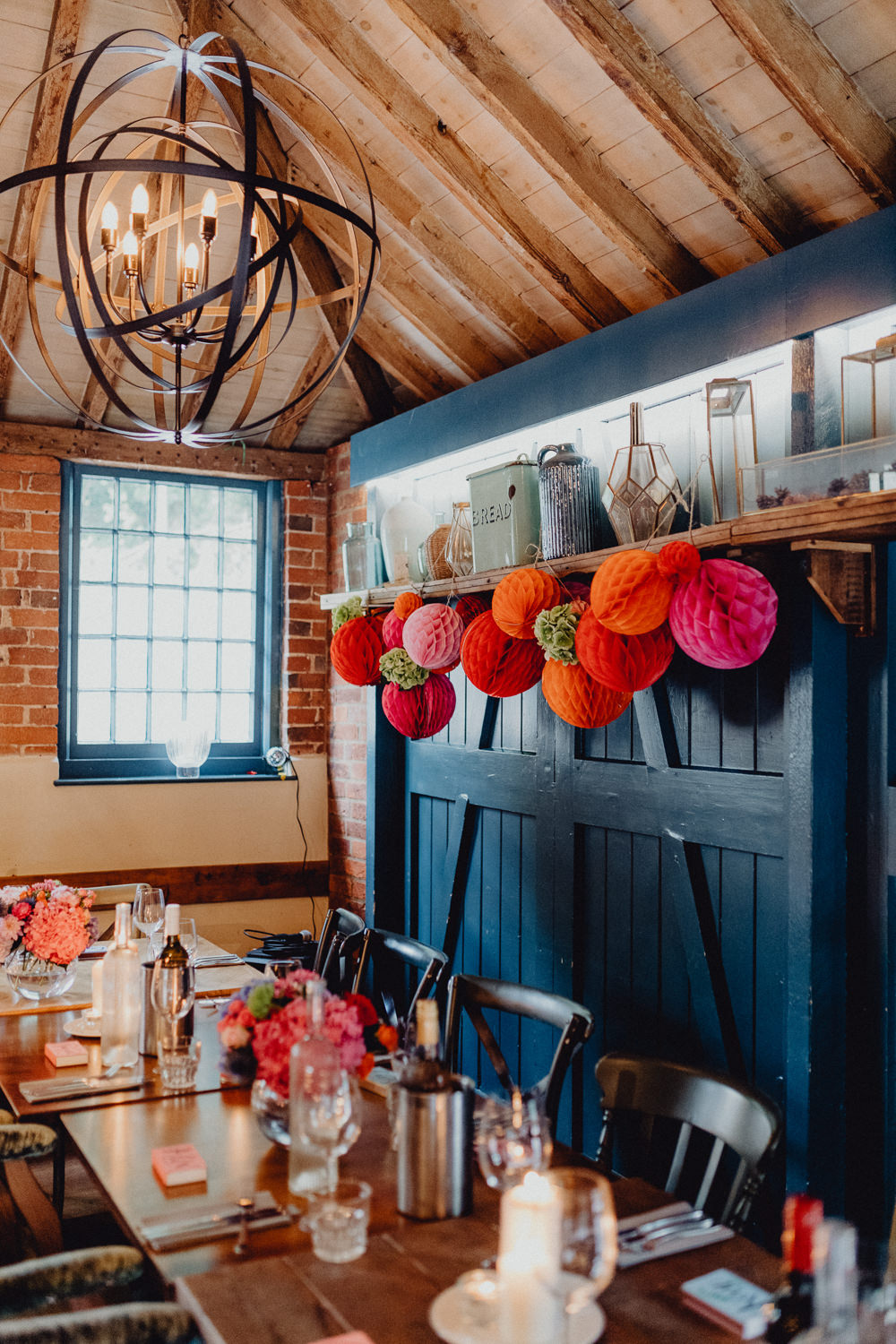 Barn Reception Pom Pom Honeycomb Pink Orange Intimate Pub Wedding Heather Sham Photography