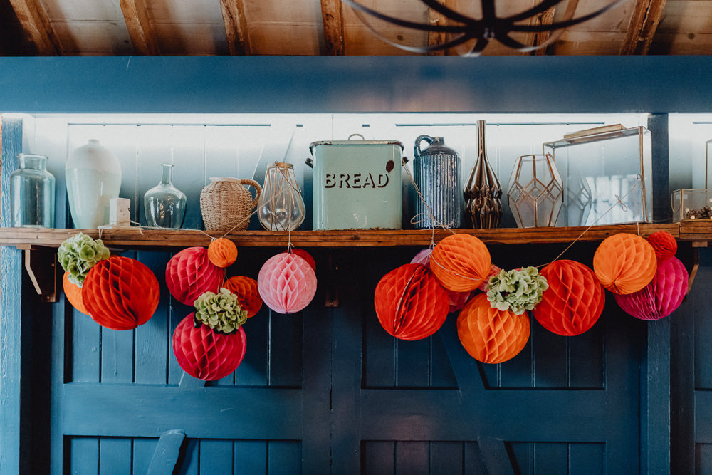 Barn Reception Pom Pom Honeycomb Pink Orange Intimate Pub Wedding Heather Sham Photography