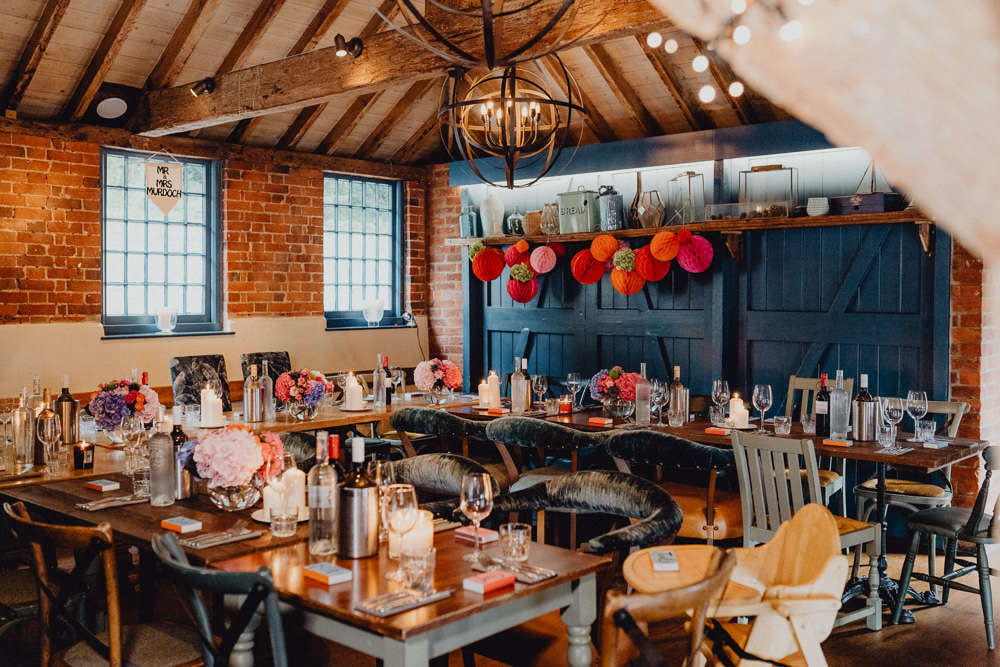 Barn Reception Pom Pom Honeycomb Pink Orange Intimate Pub Wedding Heather Sham Photography