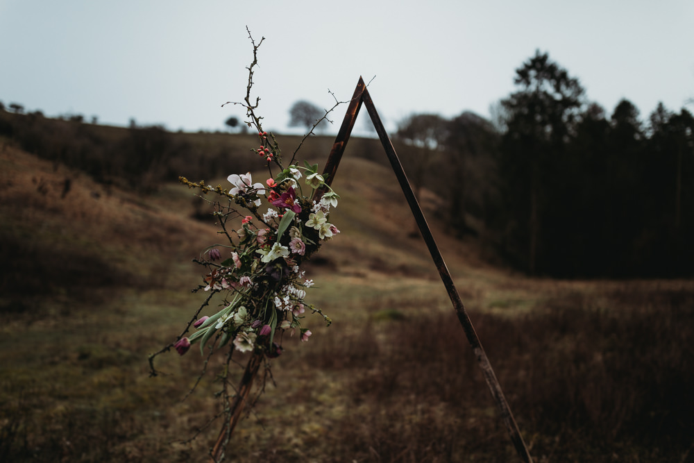Triangle Flower Arch Backdrop Floral Wedding Ceremony Outdoors LGBTQ+ Elopement Thyme Lane Photography
