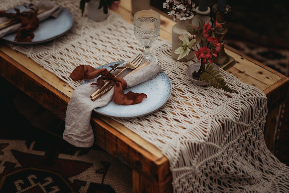 Table Tablescape Macrame Plates Linen Ribbon Candles Flowers LGBTQ+ Elopement Thyme Lane Photography