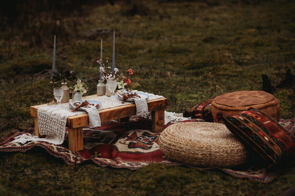 Table Tablescape Macrame Plates Linen Ribbon Candles Flowers LGBTQ+ Elopement Thyme Lane Photography