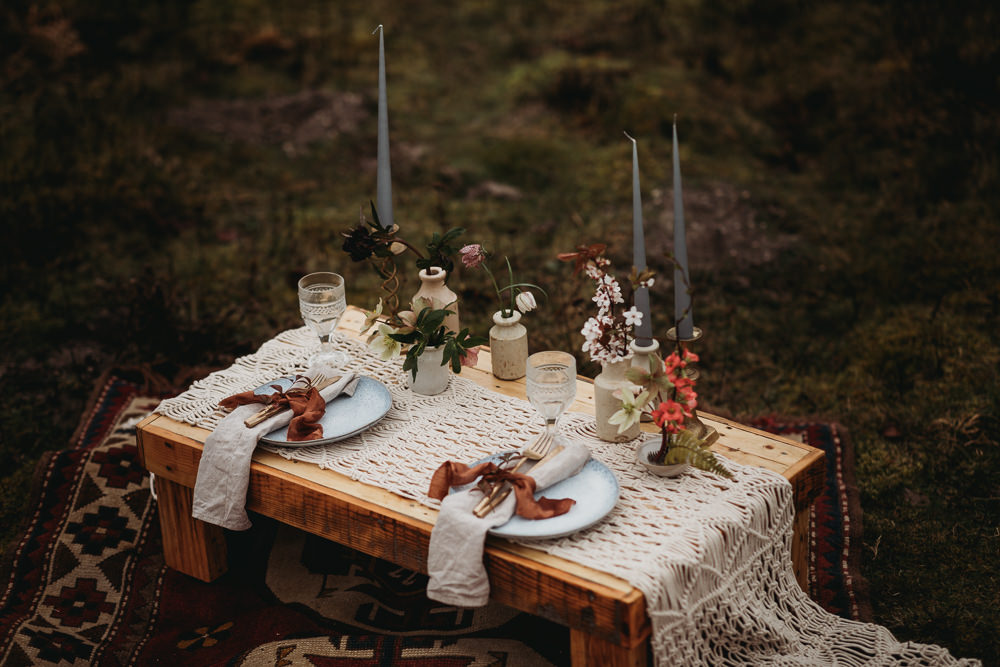 Table Tablescape Macrame Plates Linen Ribbon Candles Flowers LGBTQ+ Elopement Thyme Lane Photography