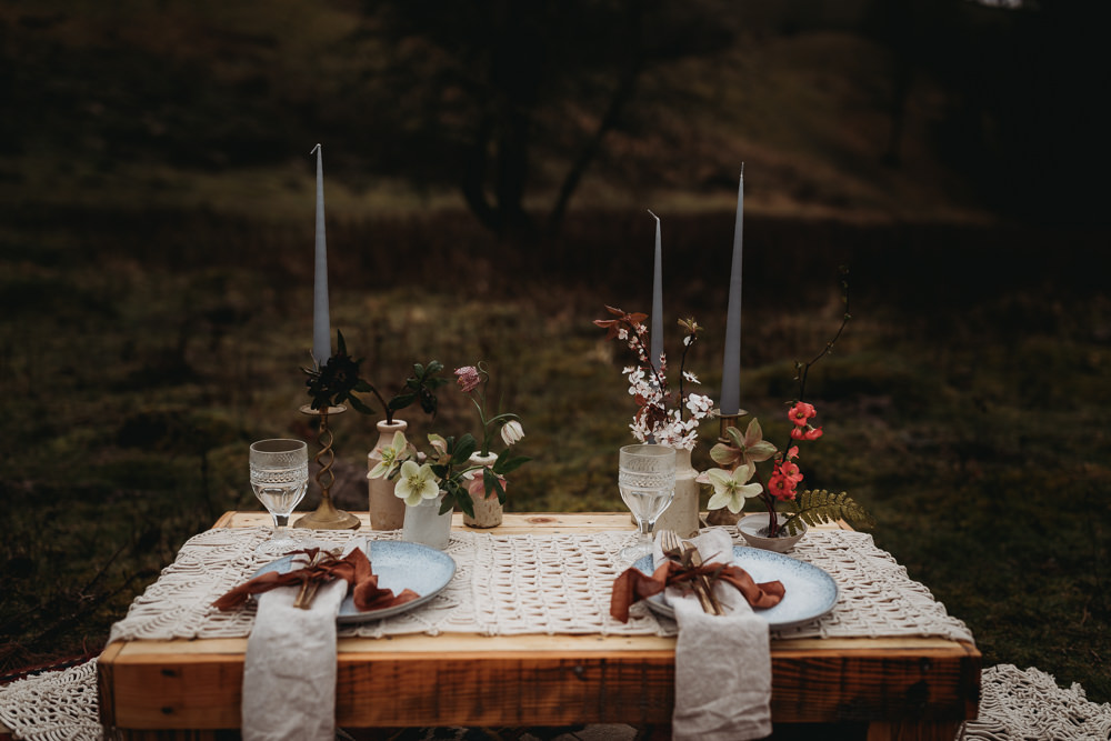 Table Tablescape Macrame Plates Linen Ribbon Candles Flowers LGBTQ+ Elopement Thyme Lane Photography