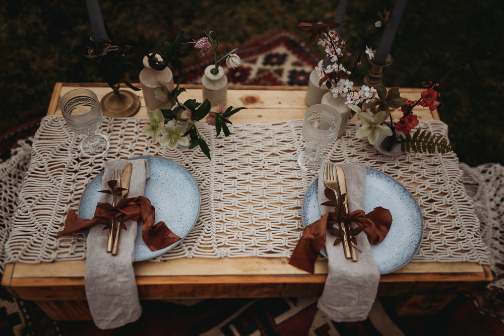 Table Tablescape Macrame Plates Linen Ribbon Candles Flowers LGBTQ+ Elopement Thyme Lane Photography