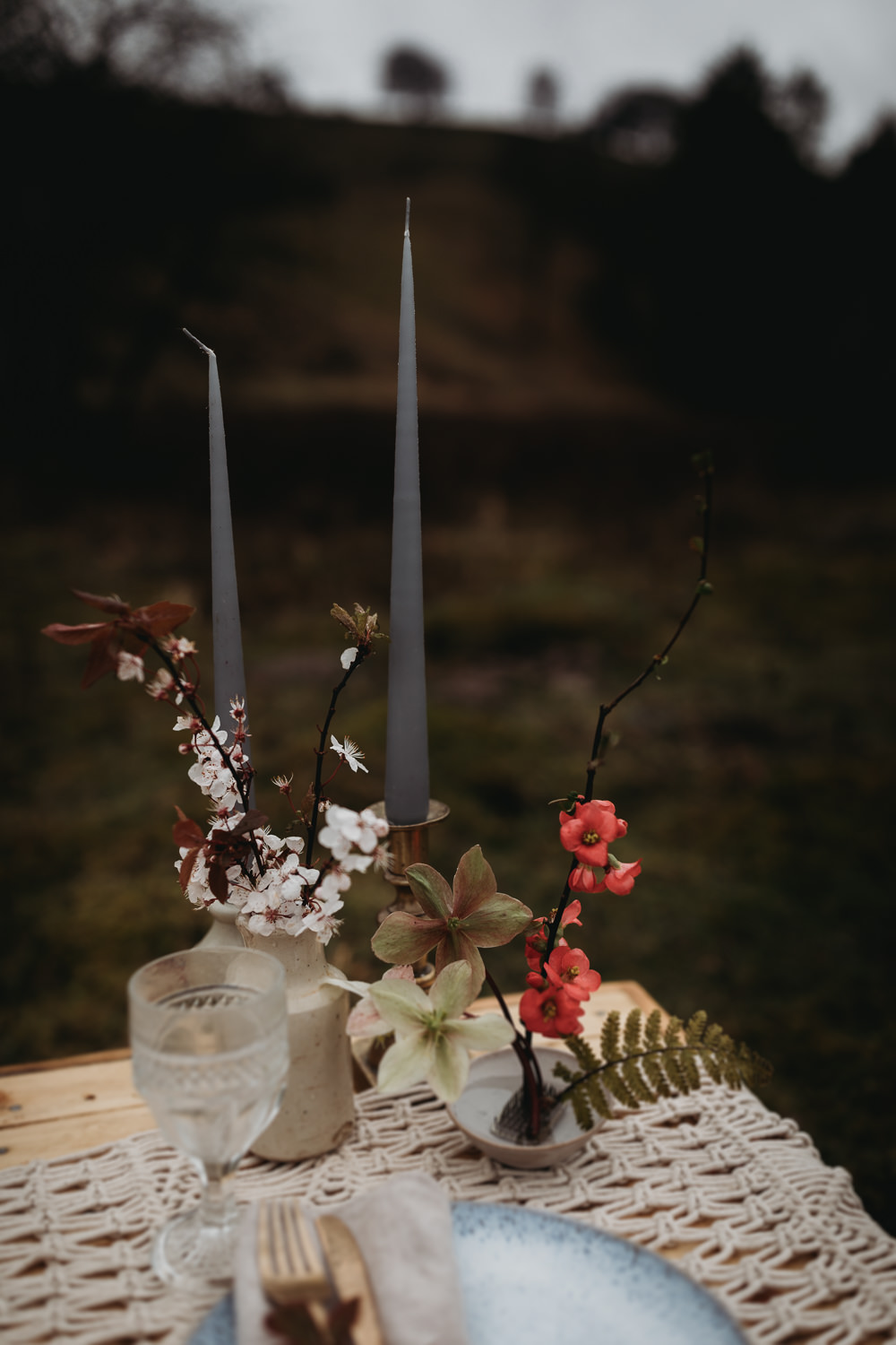 Table Tablescape Macrame Plates Linen Ribbon Candles Flowers LGBTQ+ Elopement Thyme Lane Photography
