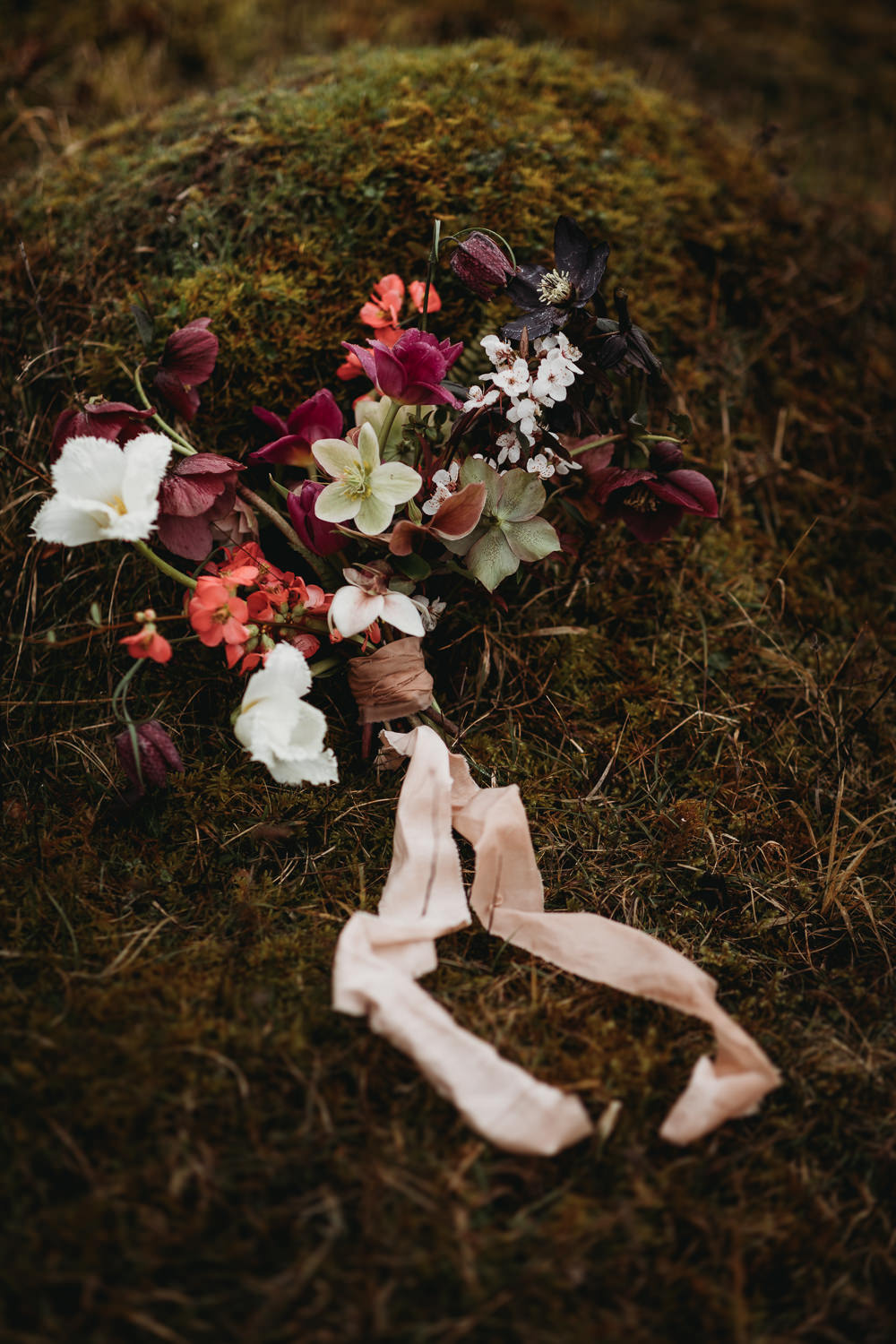 Bouquet Flowers Bride Bridal Hellebore Spring Ribbon LGBTQ+ Elopement Thyme Lane Photography