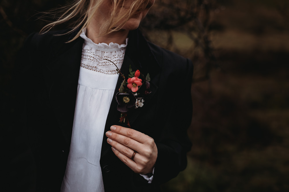 Bride Bridal Suit Buttonhole Flowers LGBTQ+ Elopement Thyme Lane Photography