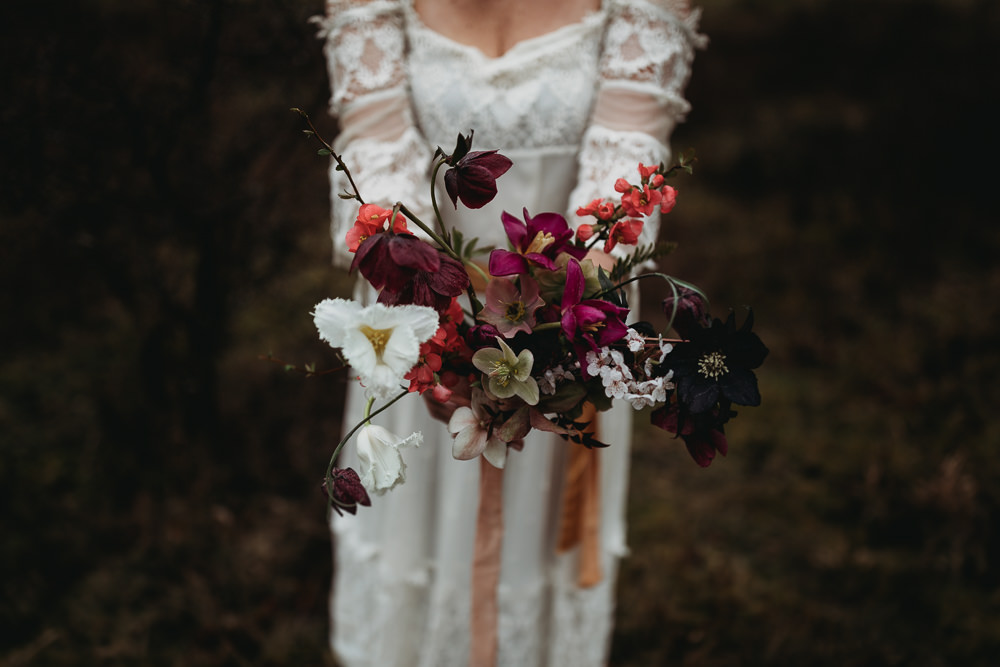 Bouquet Flowers Bride Bridal Hellebore Spring Ribbon LGBTQ+ Elopement Thyme Lane Photography