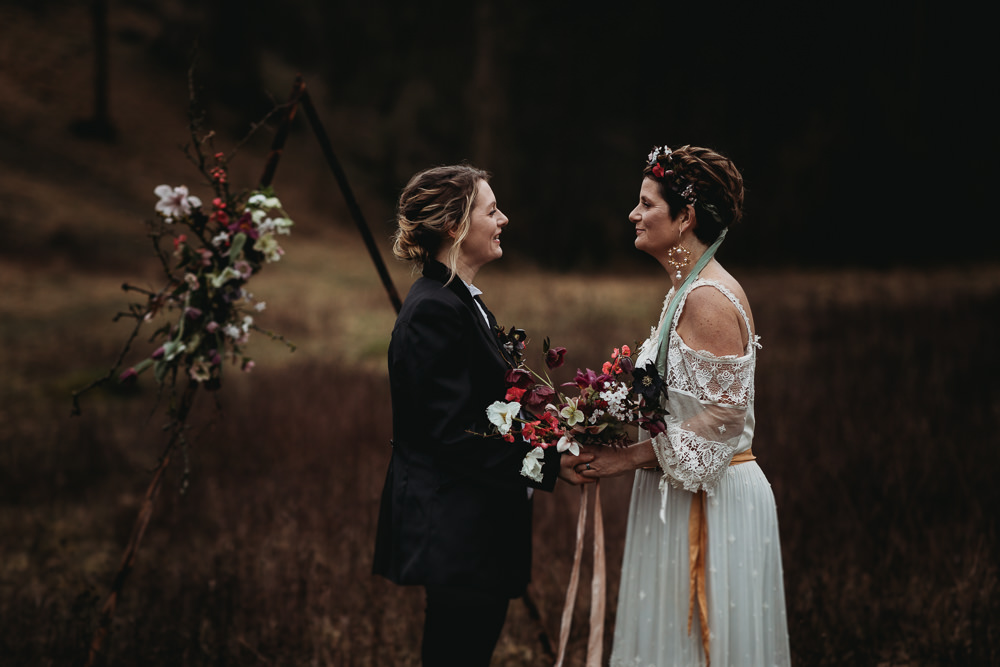 Triangle Flower Arch Backdrop Floral Wedding Ceremony Outdoors LGBTQ+ Elopement Thyme Lane Photography