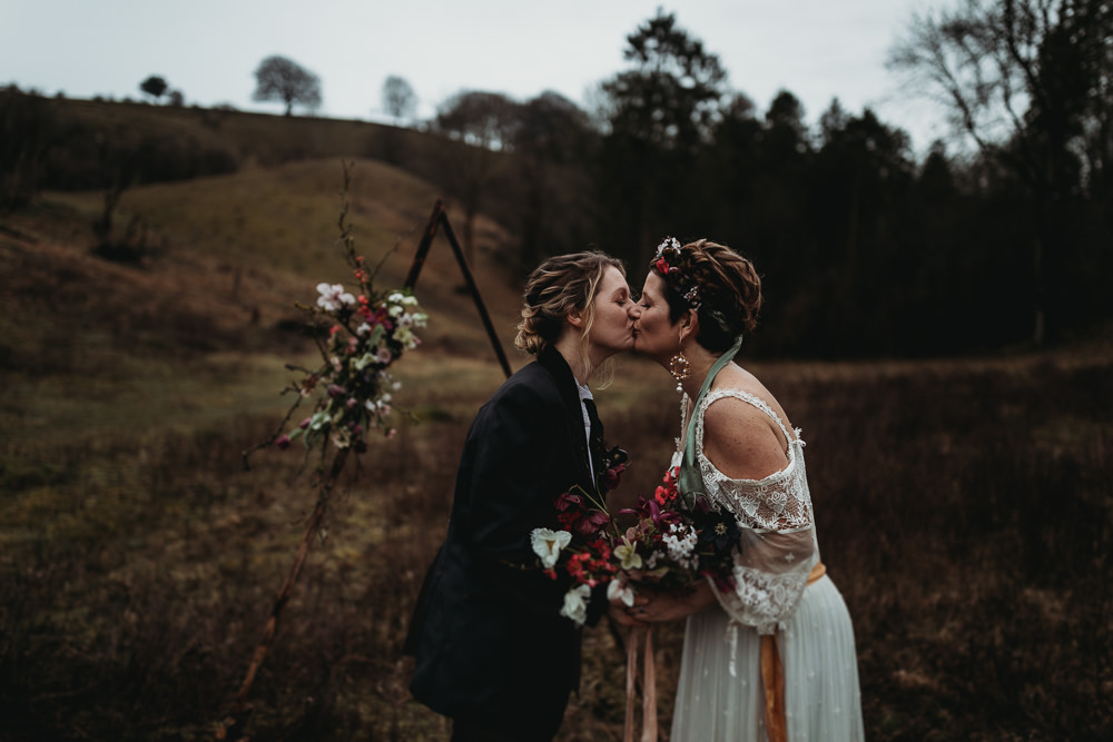 Triangle Flower Arch Backdrop Floral Wedding Ceremony Outdoors LGBTQ+ Elopement Thyme Lane Photography