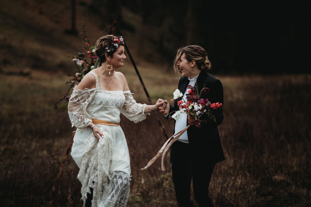 Bride Bridal Suit Buttonhole Flowers LGBTQ+ Elopement Thyme Lane Photography