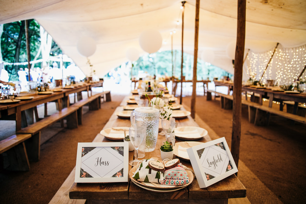 Stretch Tent Marquee Pole Long Trestle Tables Giant Balloons Decor Lila’s Wood Wedding Two-D Photography