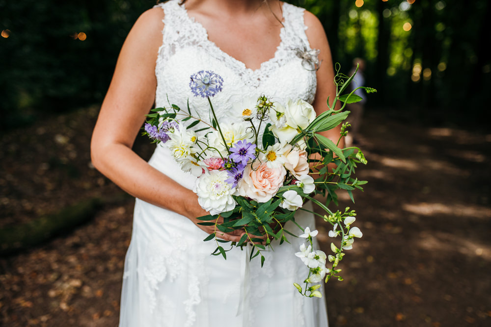 Bride Bridal Bouquet Flowers Wild Natural Peach Blue Lila’s Wood Wedding Two-D Photography